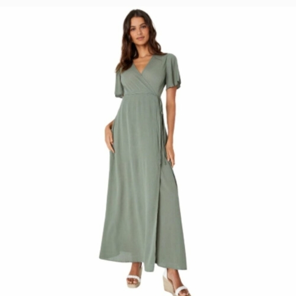 Lulu's Much Obliged Washed Olive Green Wrap Maxi Dress Size L - Picture 1 of 12
